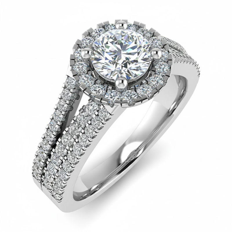 Round Halo Triple-Row Split Shoulder Solitaire Ring