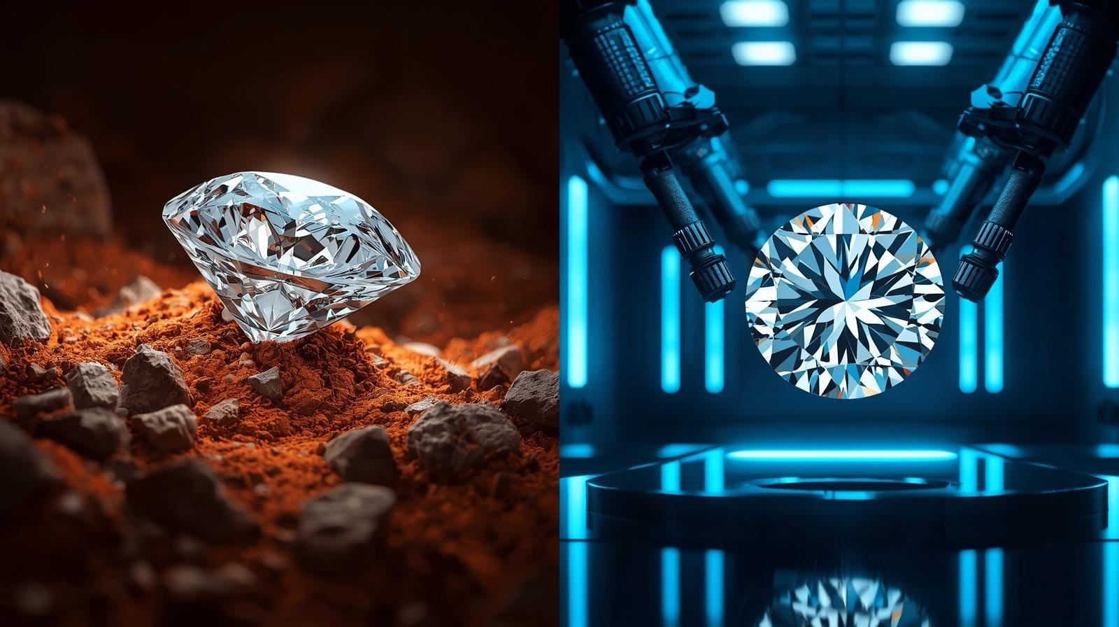 Lab-Grown diamond vs natural diamond comparison showing earth-mined and lab-created diamonds side by side