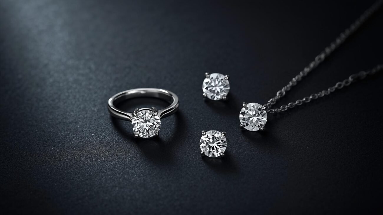 lab grown diamond jewelry set with ring earrings and necklace on dark background